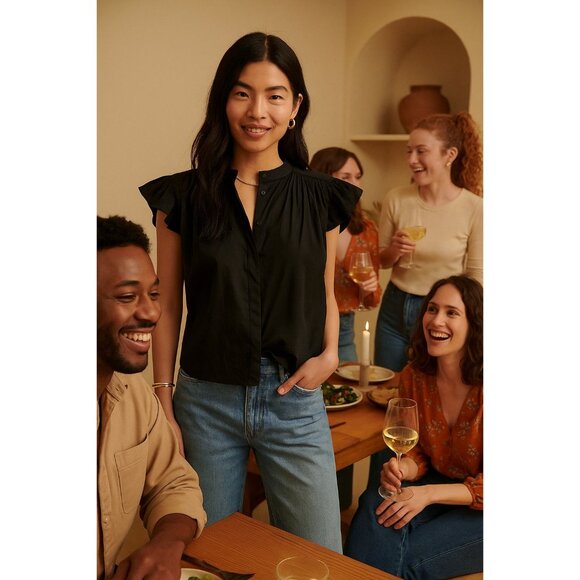 Madewell Poplin Shirred Button Up Shirt Womens XS Jet Black Blouse - Picture 3 of 16